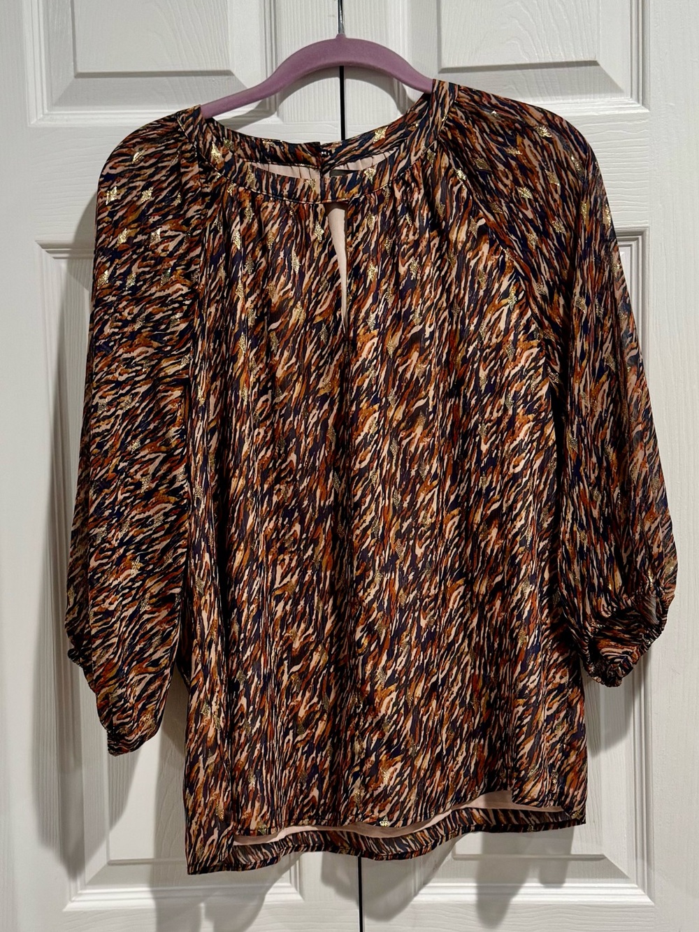 Vince Camuto Printed Keyhole Blouse - Brown/Navy Multi M